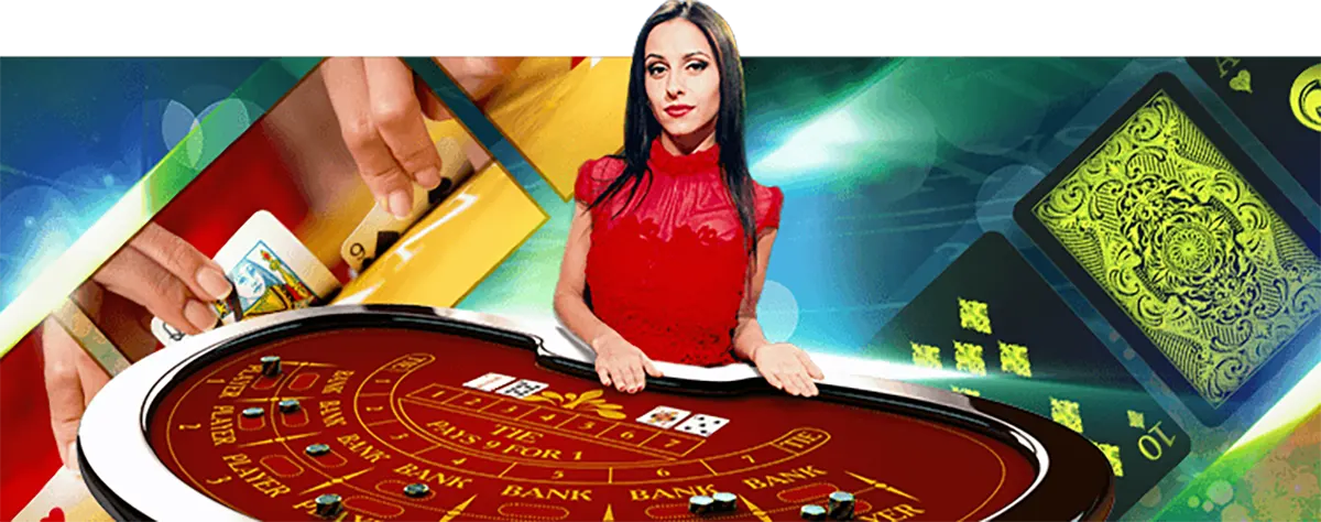 Promotional casino image showing a female dealer in a red dress leaning over a red baccarat-style table with cards and chips, set against a dynamic background of hands dealing cards and large green playing-card graphics.